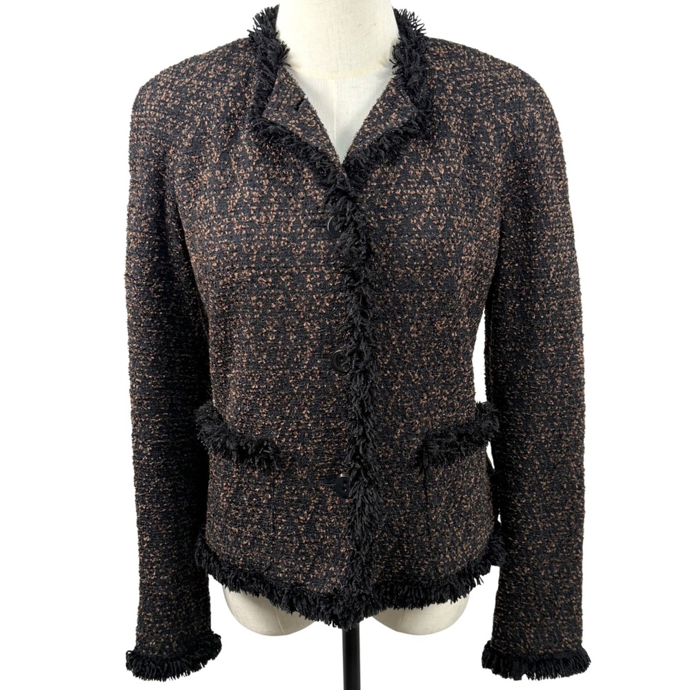 Vintage Dana Buchman 4 Black Label Luxury Wool Boucle Tweed Blazer Fringe Jacket